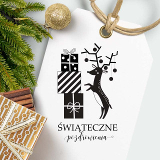 Renifer z prezentami  – stempel świąteczny, prostokątny